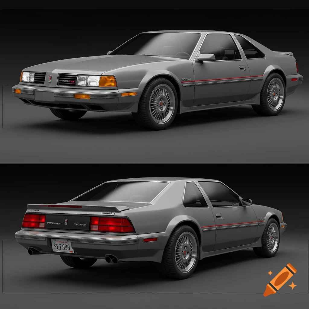 A grey coupe car shown in front and rear views on a dark background