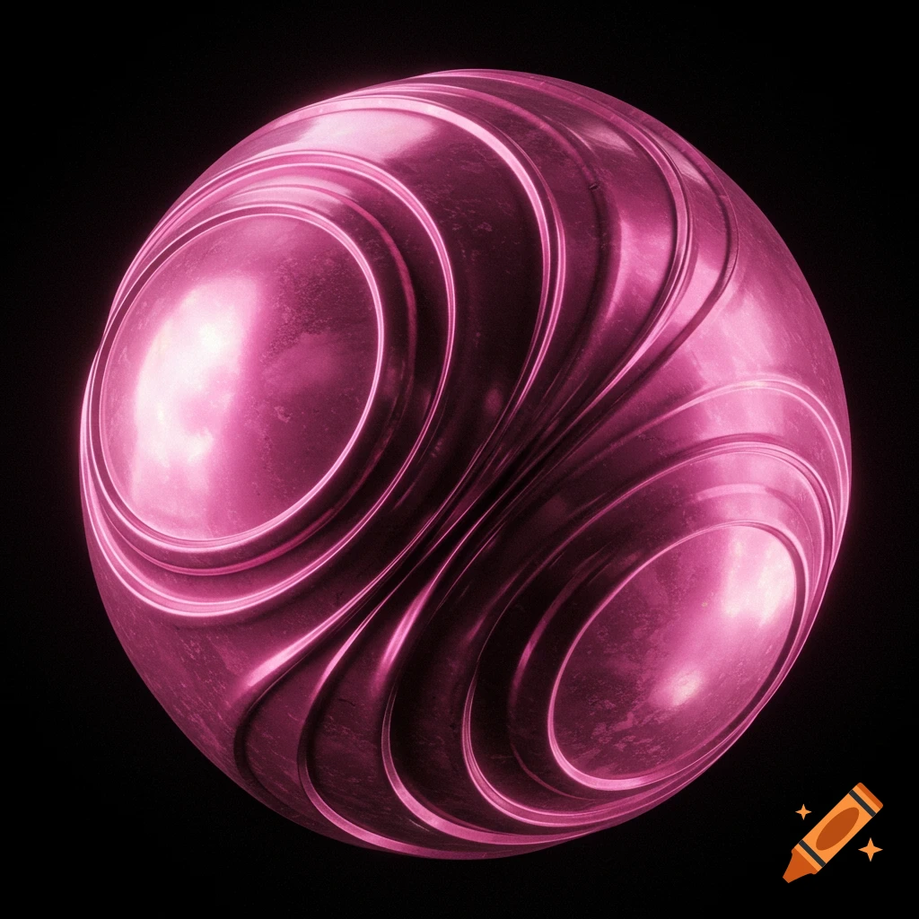 A pink metallic sphere with swirling patterns on a black background.