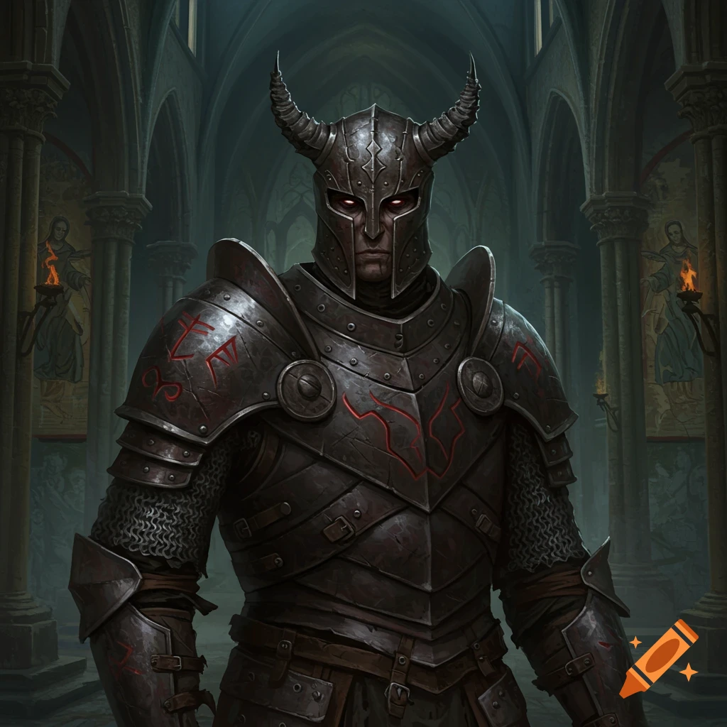 An anti-paladin in dark, horned armor stands in a gothic cathedral.