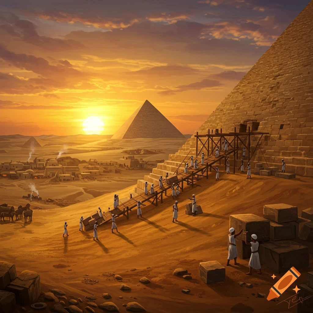 Workers building a pyramid at sunset in ancient Egypt, with other pyramids and a village in the distance.