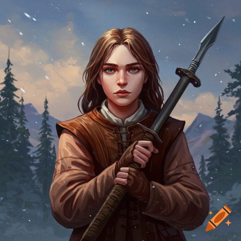 A young woman with a spear in a snowy mountain landscape.