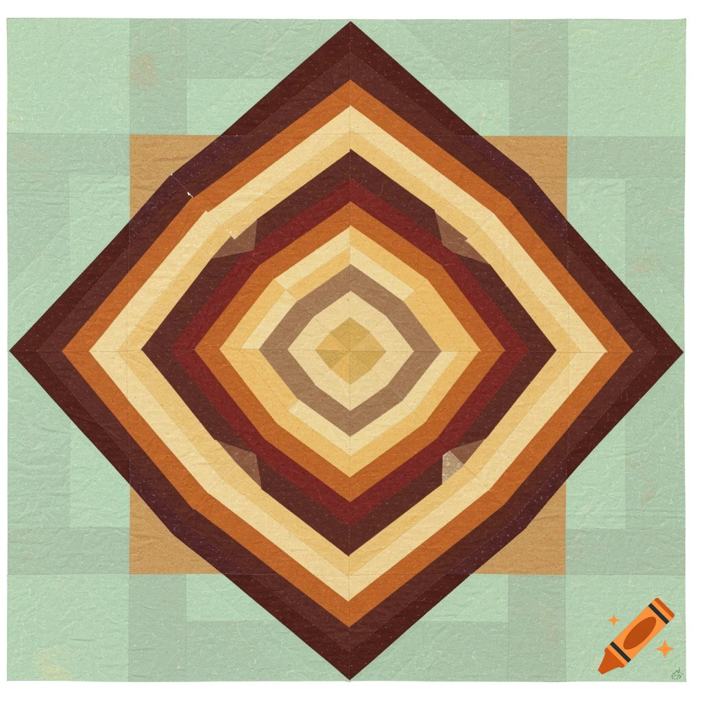 A geometric pattern with concentric diamond shapes in warm browns, oranges, and yellows against a background of muted green and beige rectangles.