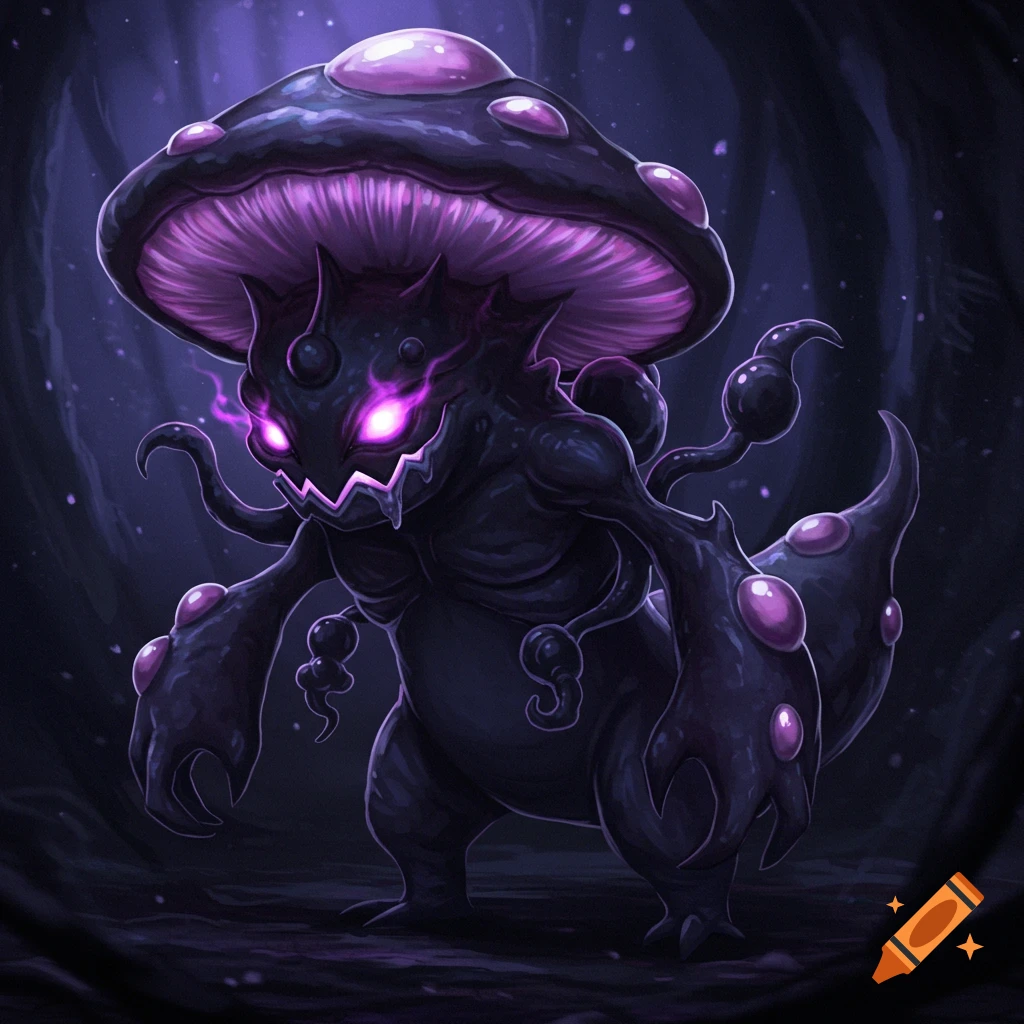 A dark purple, mushroom-like Pokemon creature with glowing eyes stands in a dark forest.