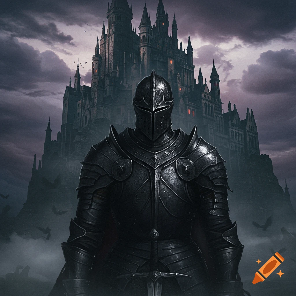 A dark knight in armor stands before a large, mysterious castle.