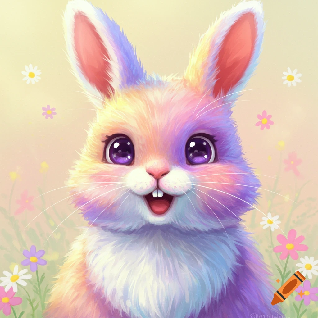 A cute, colorful illustration of a bunny in a field of flowers.