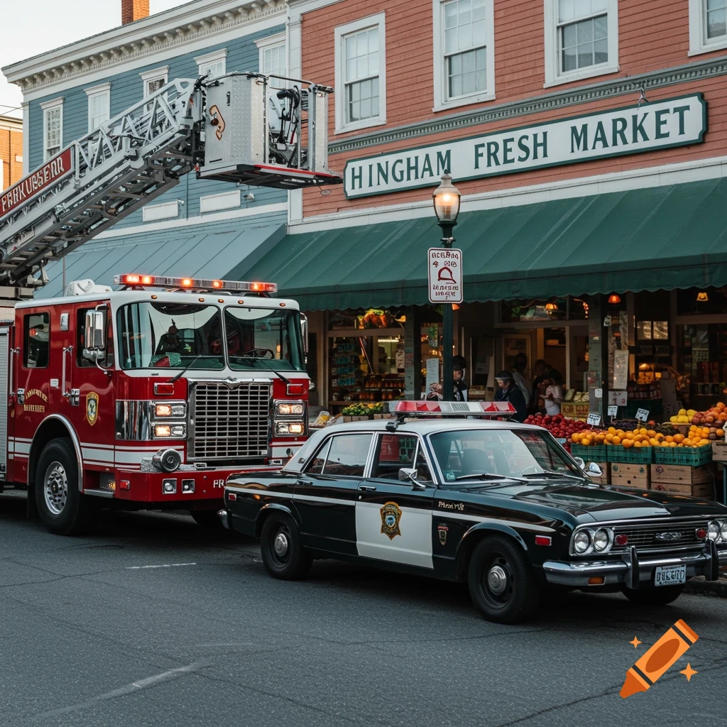 A firetruck and a police car are parked on a street in front of Hingham Fresh Market.