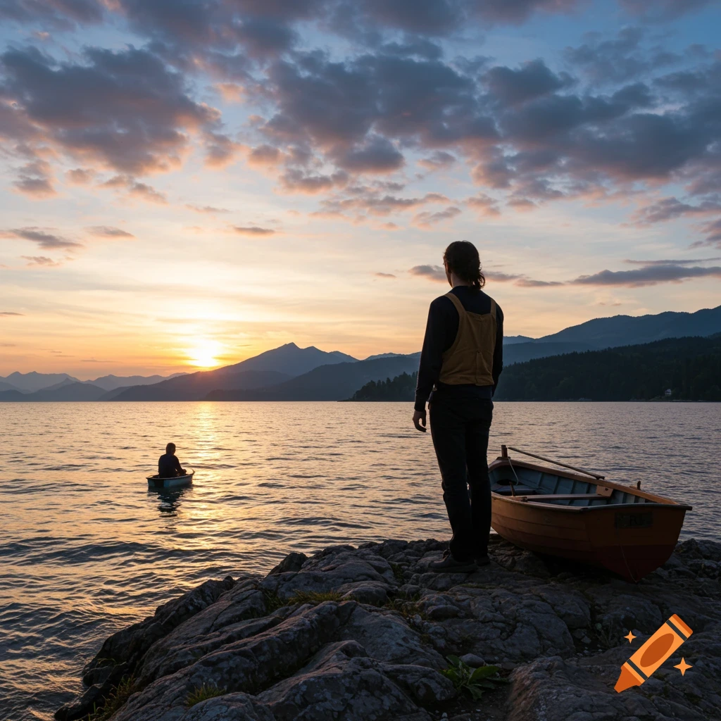 A person watches a sunset over a lake with mountains and a boat.