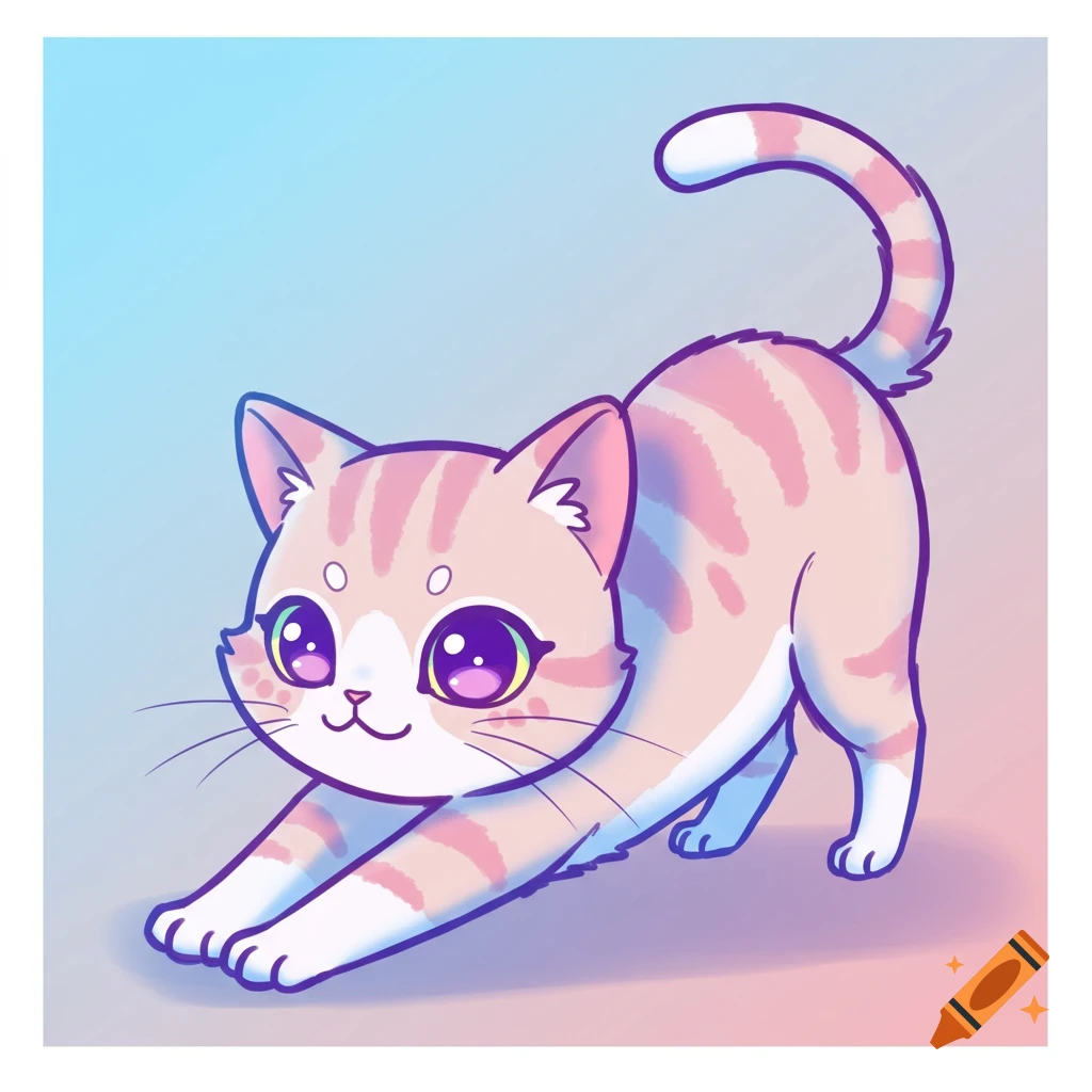 A cute chibi cartoon cat with pink stripes stretching