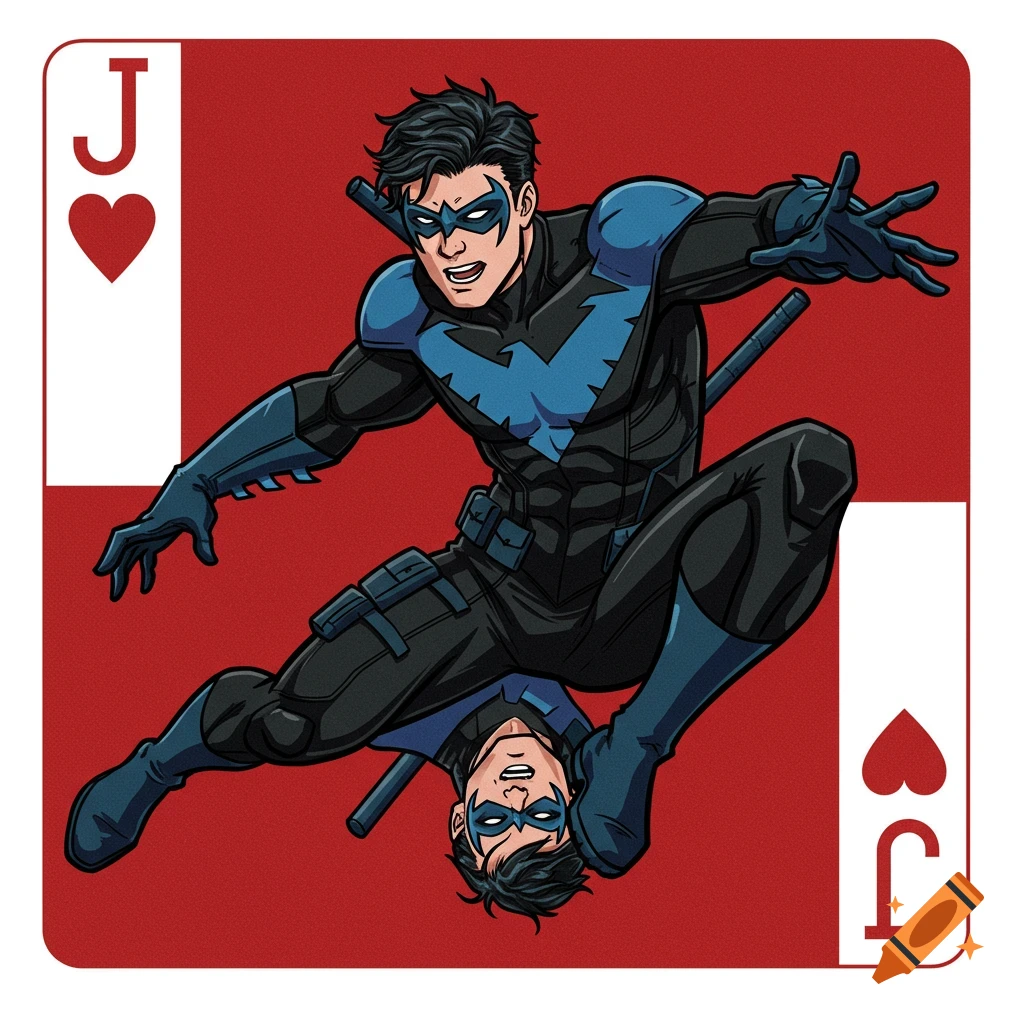 Comic art illustration of Nightwing on a Jack of Hearts playing card.