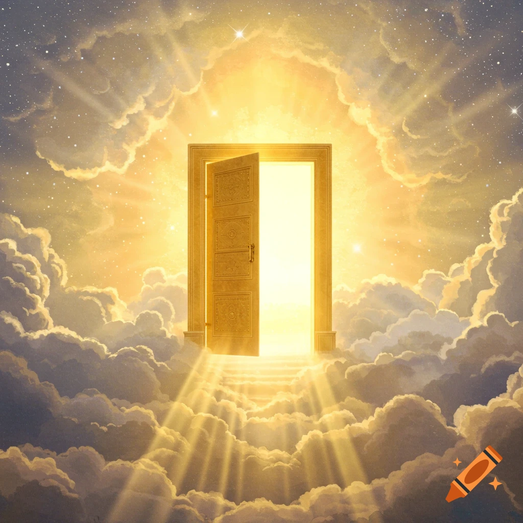 A golden door opens in bright clouds with rays of light shining through.