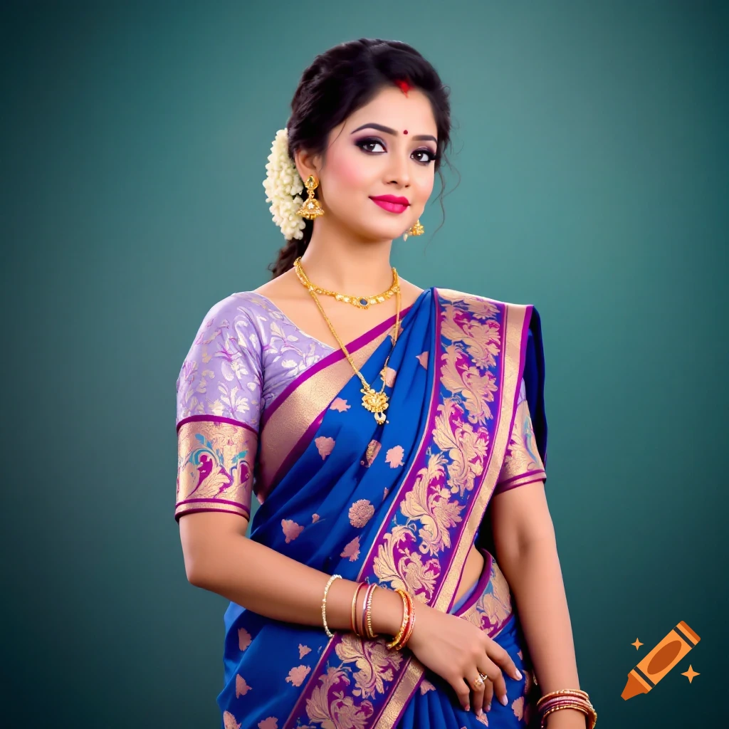 A woman in a blue and purple saree with gold jewelry looks at the camera.