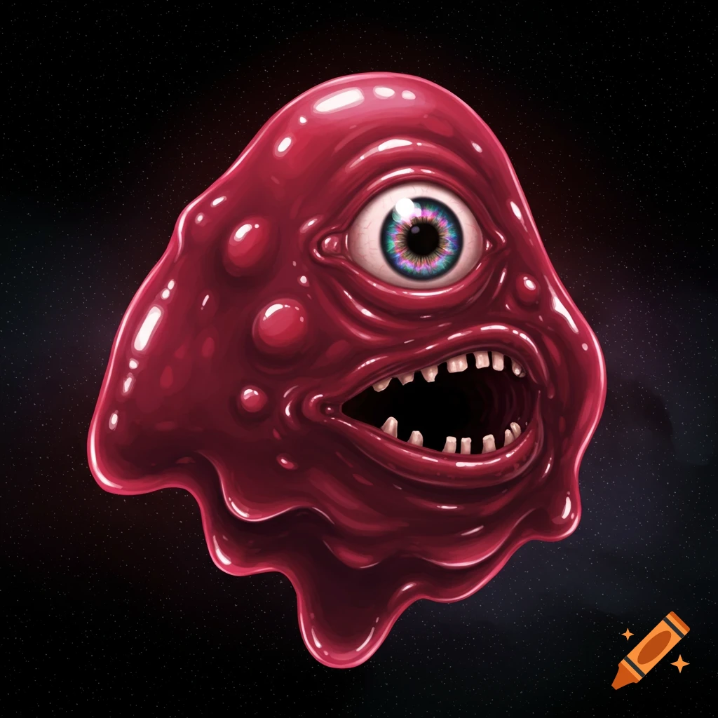 A glossy red blob monster with a single eye and sharp teeth floats in a starry space background. Digital art.