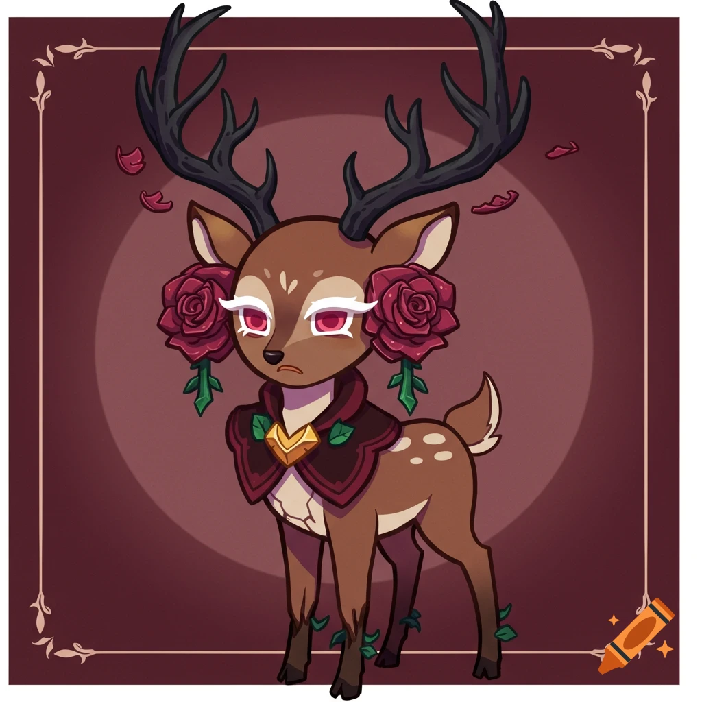 Stylized deer character with large antlers, red roses, a cape, and red eyes, framed by a decorative border.