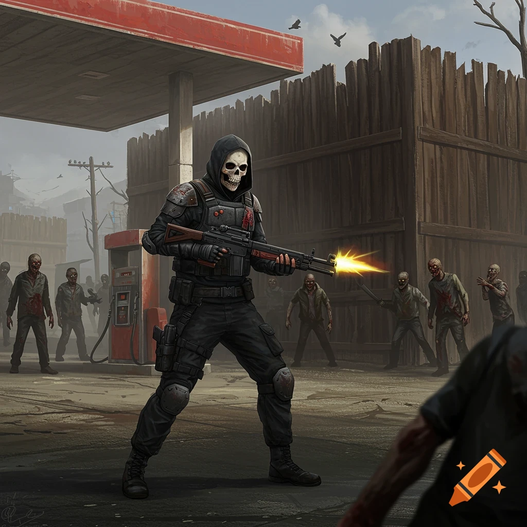 A lone survivor in a skull mask is defending against a horde of zombies at a gas station.