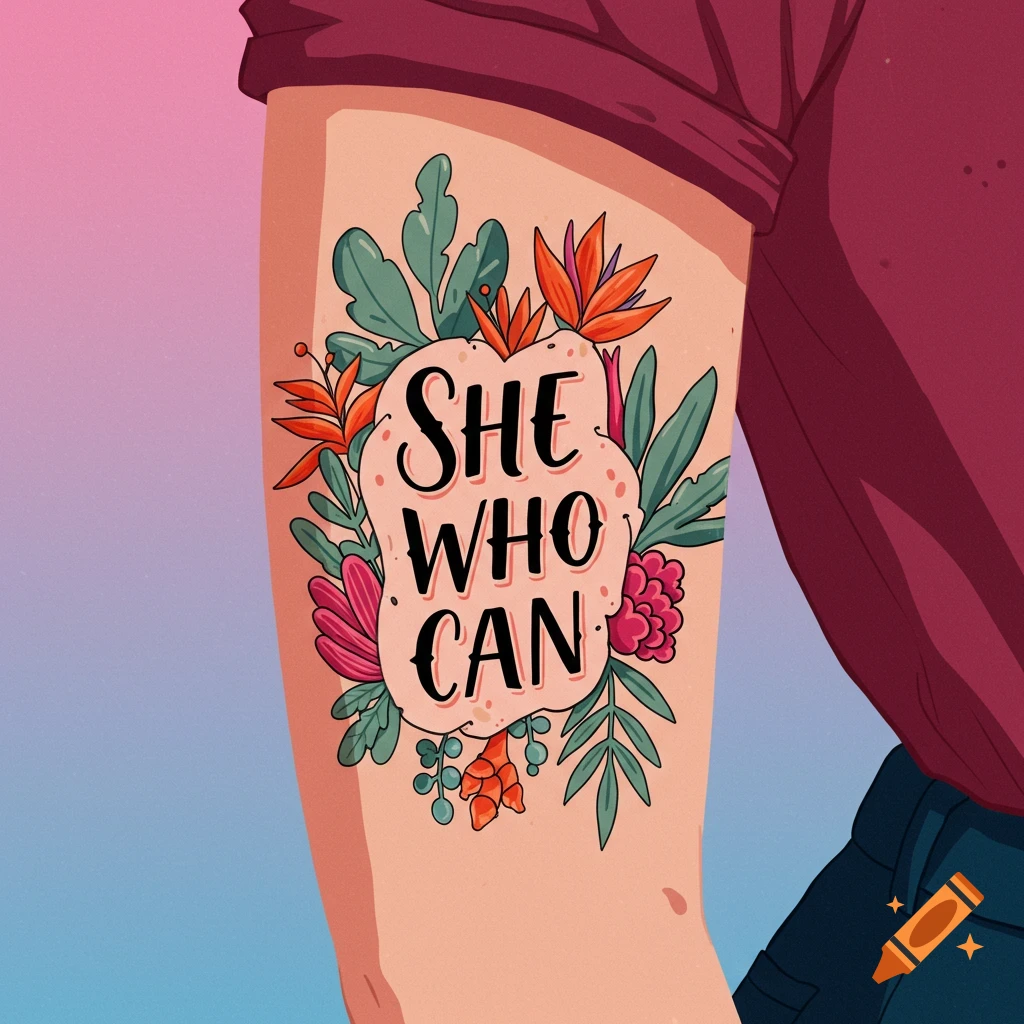 An arm with a floral tattoo that says "She who can".