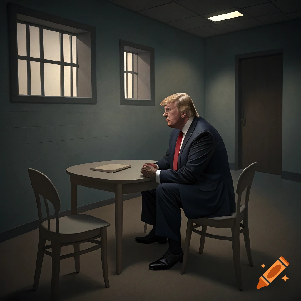 Donald Trump sits at a table in a room with barred windows.