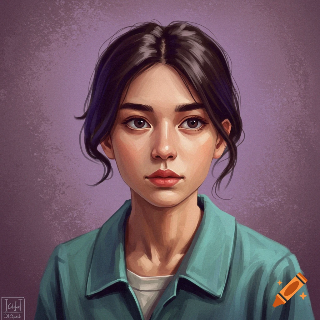 Portrait of a young woman in a teal jacket against a purple background.