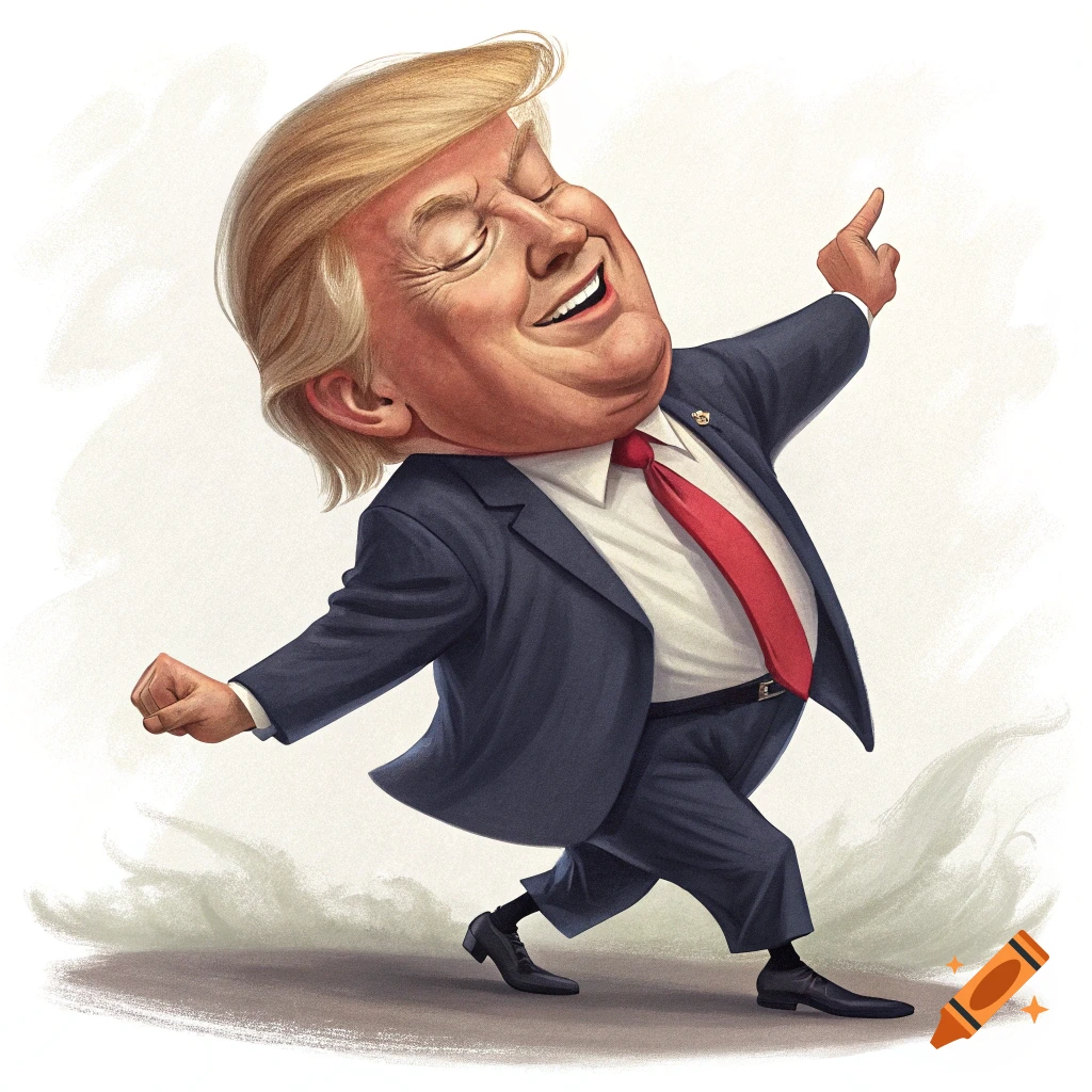Caricature of Donald Trump dancing with his eyes closed and arms outstretched.
