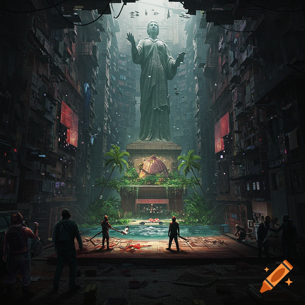A large statue overlooks a small oasis pond in a dark, dense, futuristic city canyon.