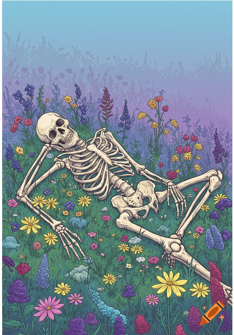 Vector graphic of a skeleton lying in a meadow of wildflowers.