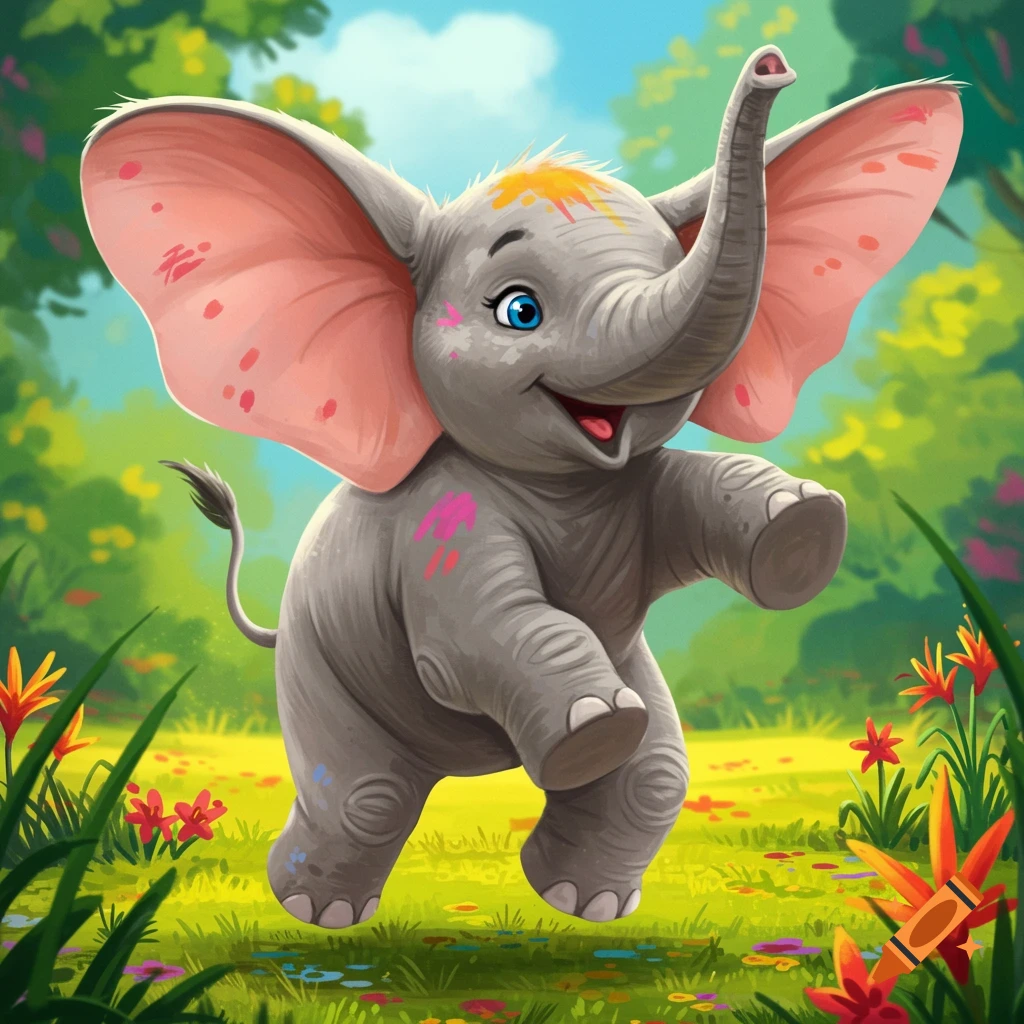 A cute cartoon baby elephant dances joyfully in a field with flowers.