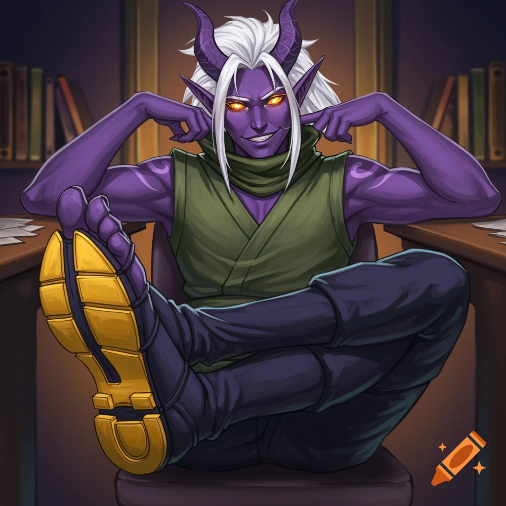 A male purple-skinned tiefling with white hair and yellow eyes, sitting with feet on a desk, smirking at the viewer.