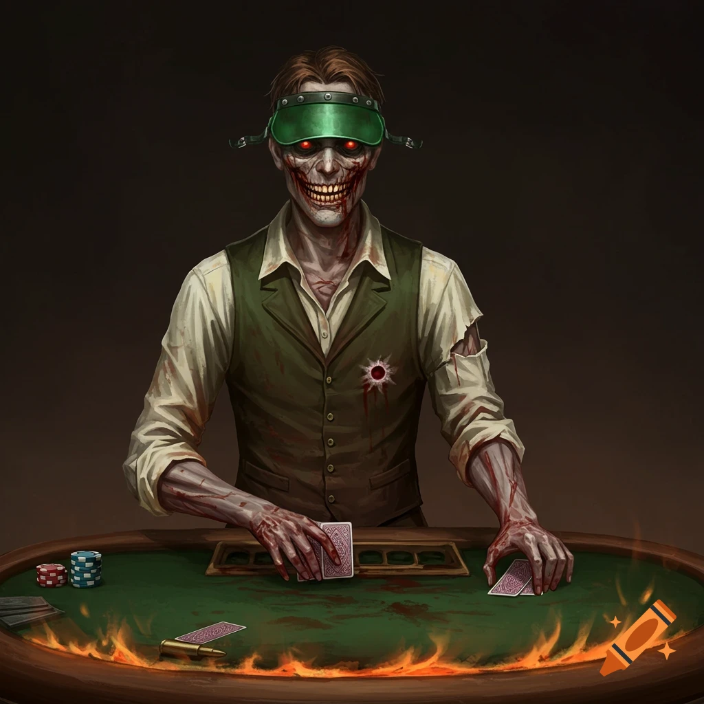 An undead card dealer sits at a poker table, wearing a visor with bloodstains.