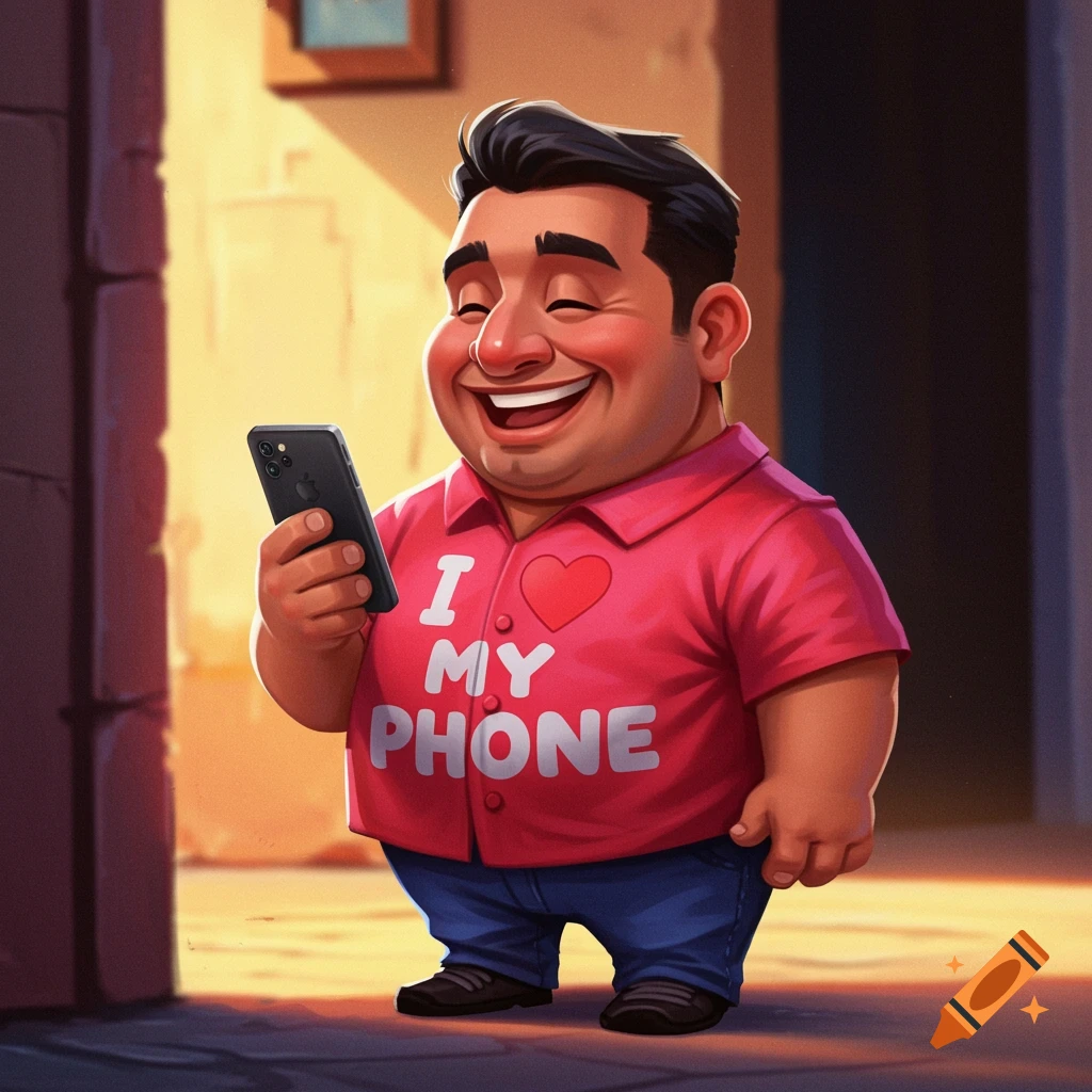 A jovial cartoon man in a pink shirt that says 'I ❤️ MY PHONE' looking at his phone.
