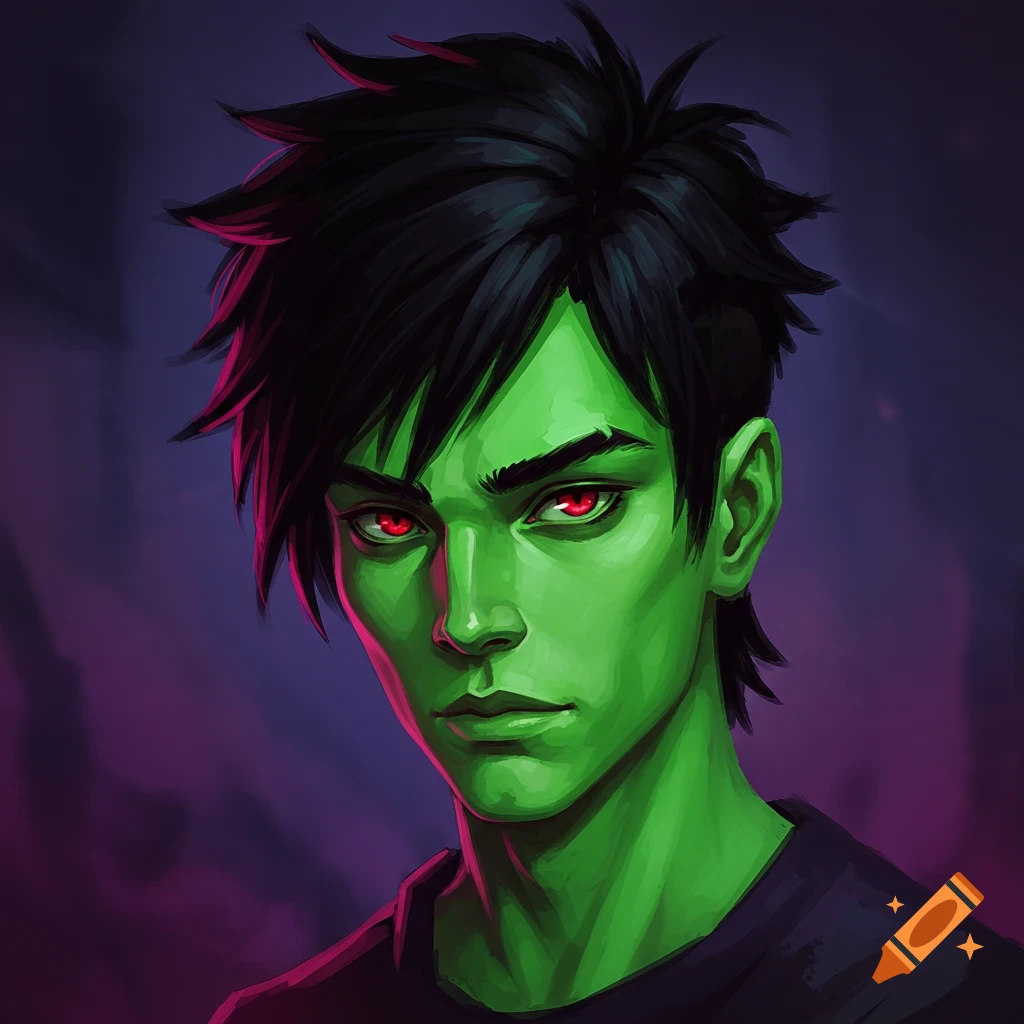 A young man with green skin, spiky black hair, and glowing red eyes