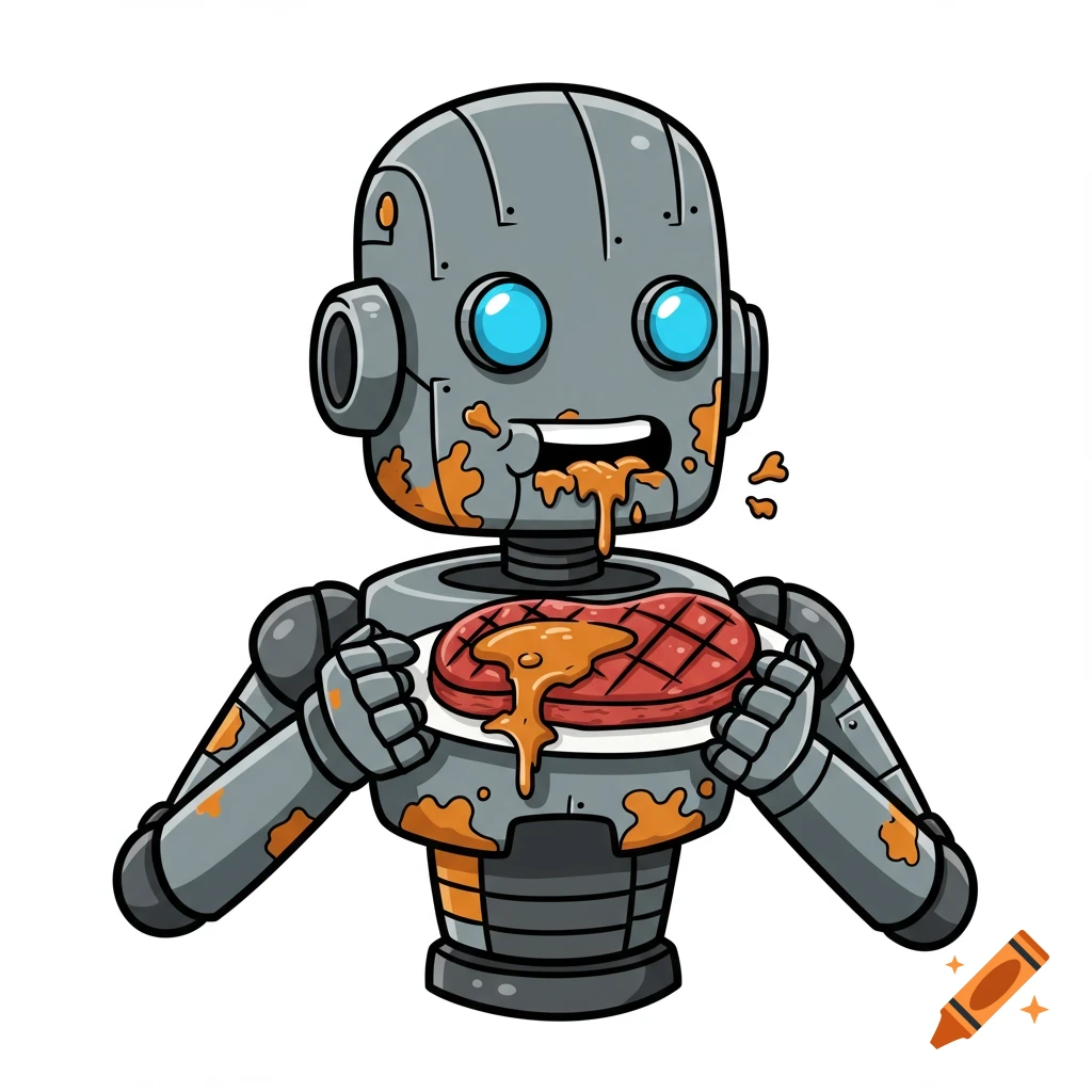 Cartoon robot eating a messy steak on a plate.