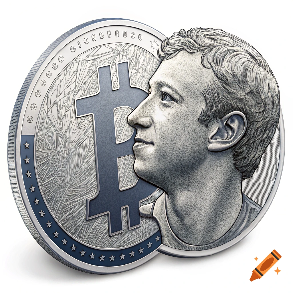 A silver coin with a Bitcoin symbol and a profile of Mark Zuckerberg