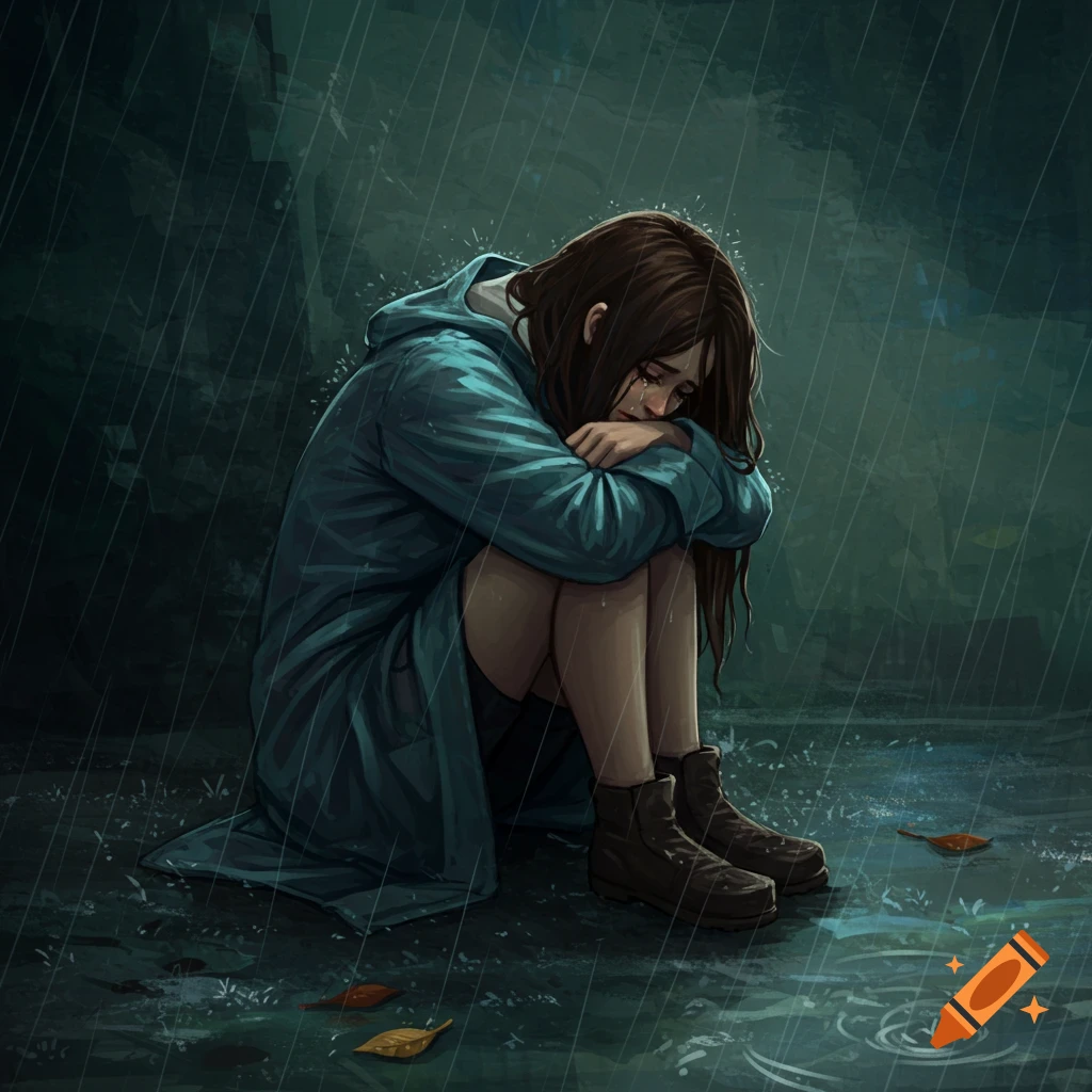 A sad girl sits on the ground and cries in the rain.