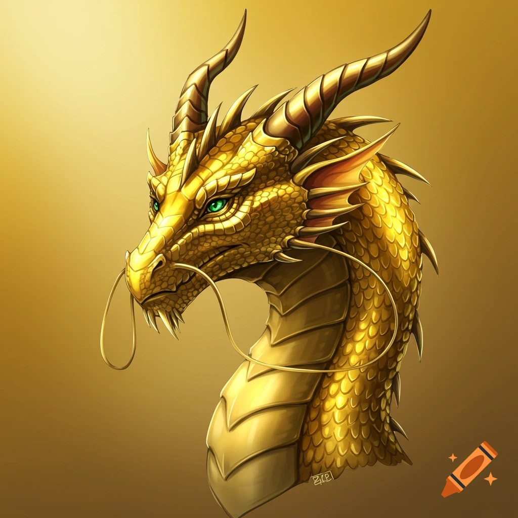 Close-up of a golden dragon's head with green eyes.