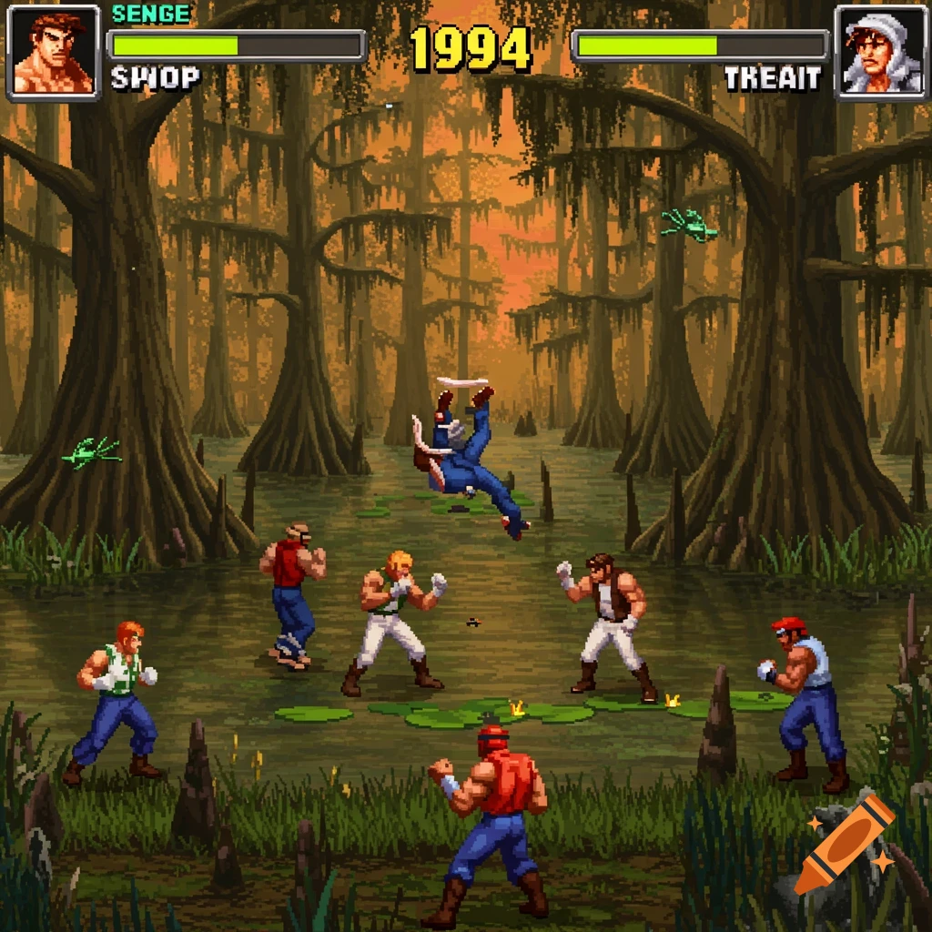 Pixel art fighting game scene showing characters battling in a swamp with UI elements.