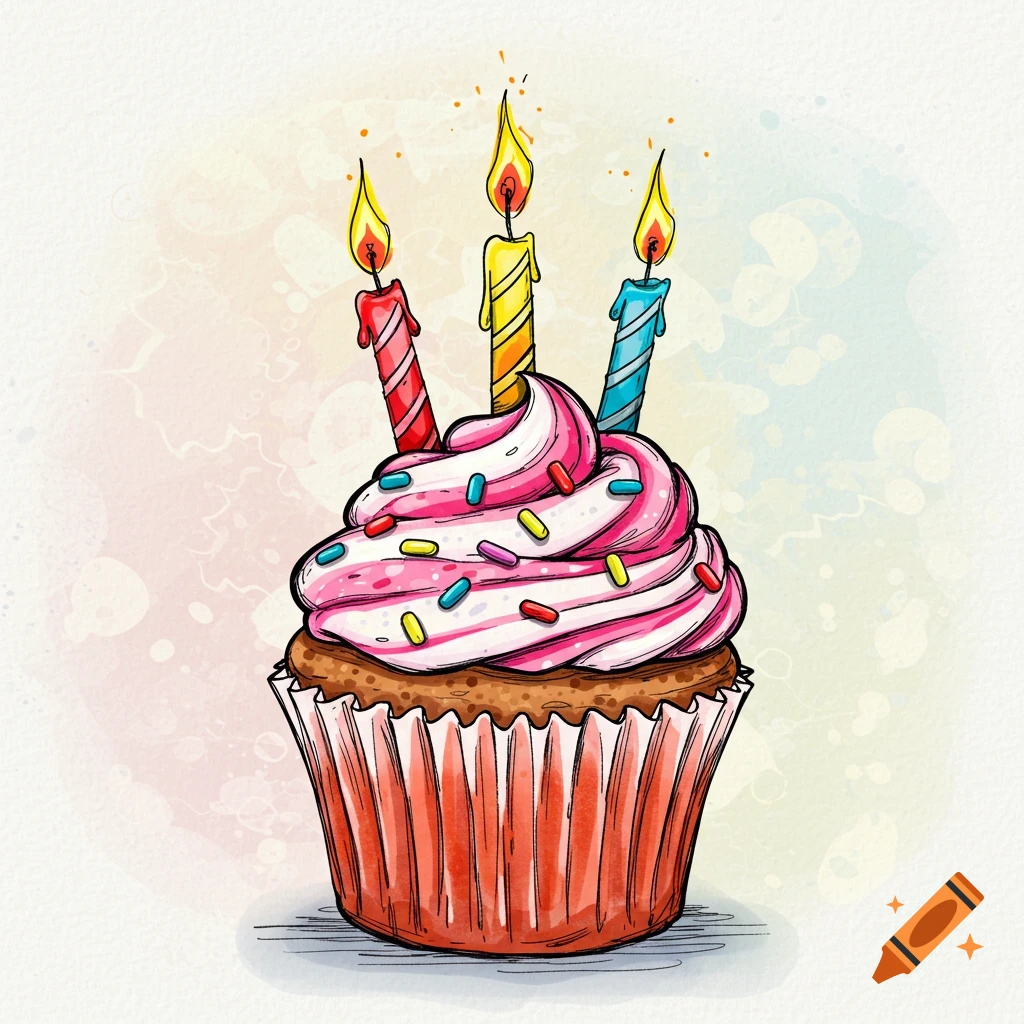 An illustration of a cupcake with pink frosting, sprinkles, and three lit candles.
