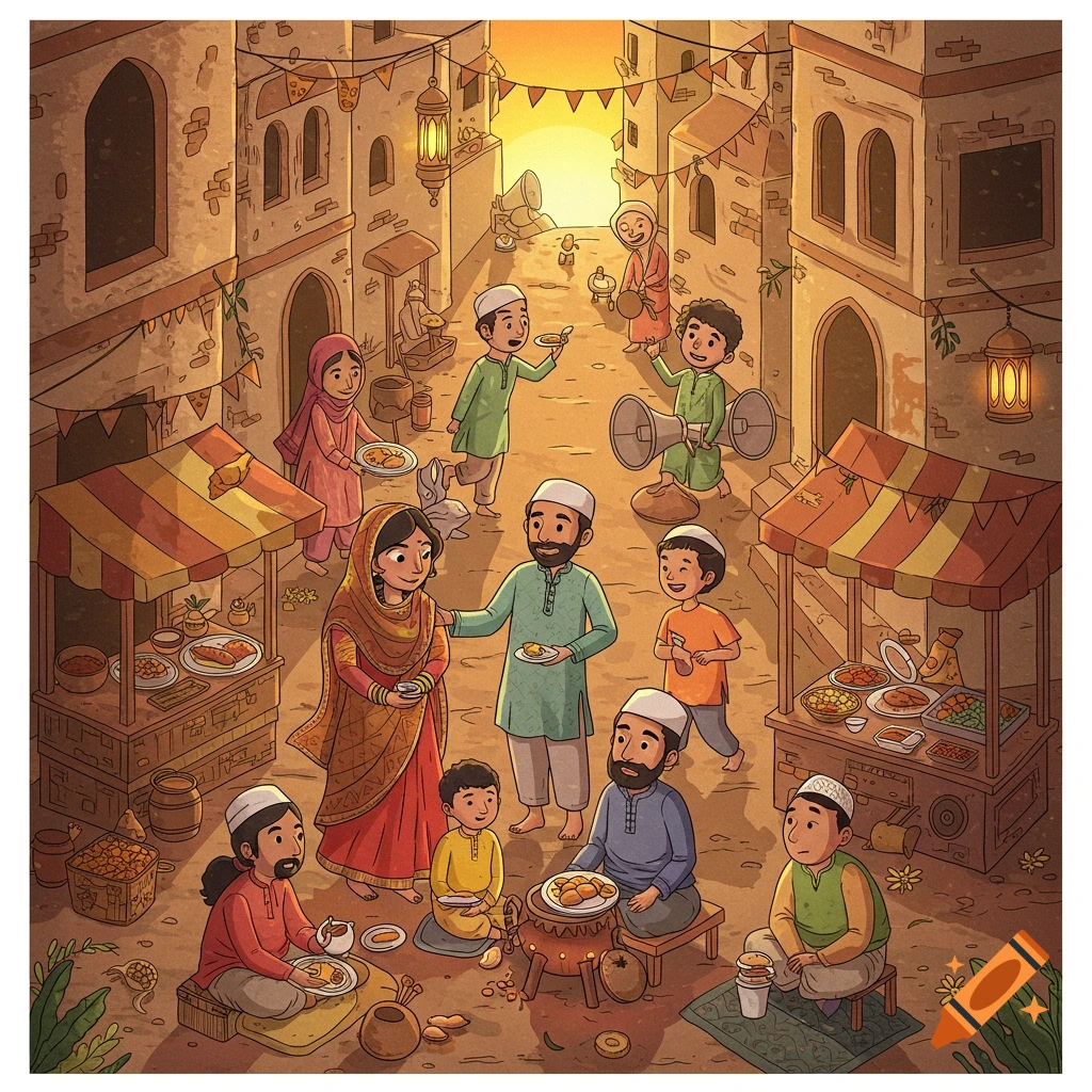 Illustration of a lively street scene with families and market stalls under an evening sky.