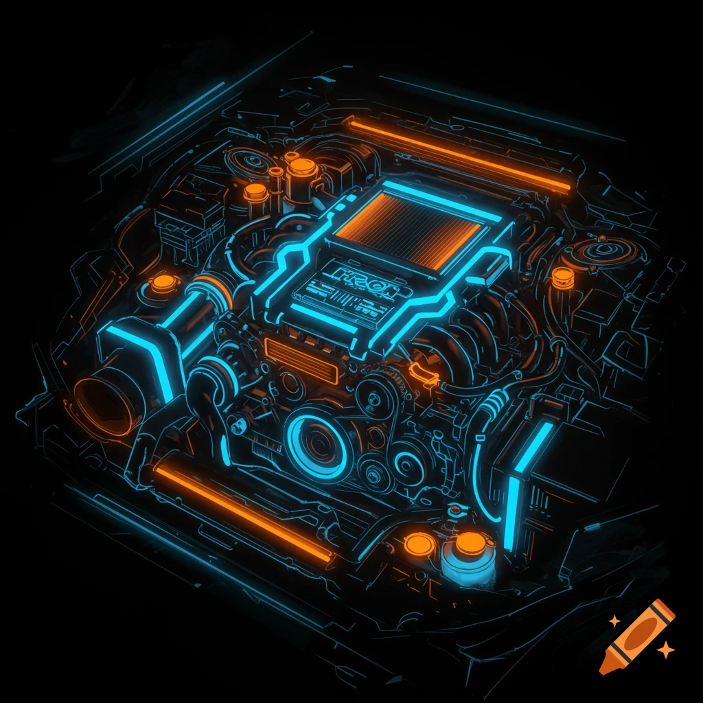 Futuristic car engine with glowing blue and orange neon lines in tron style.