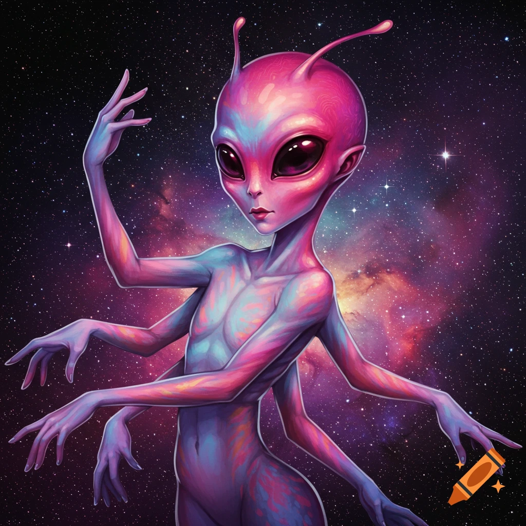 A pink, blue, and purple alien with multiple arms posing against a starry galaxy background.