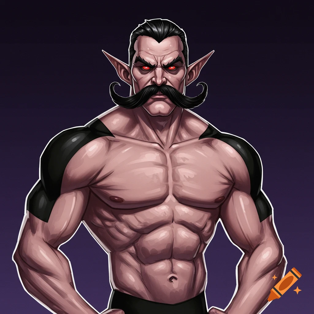 Stylized illustration of a muscular man with a large mustache, pointy ears, and red eyes.