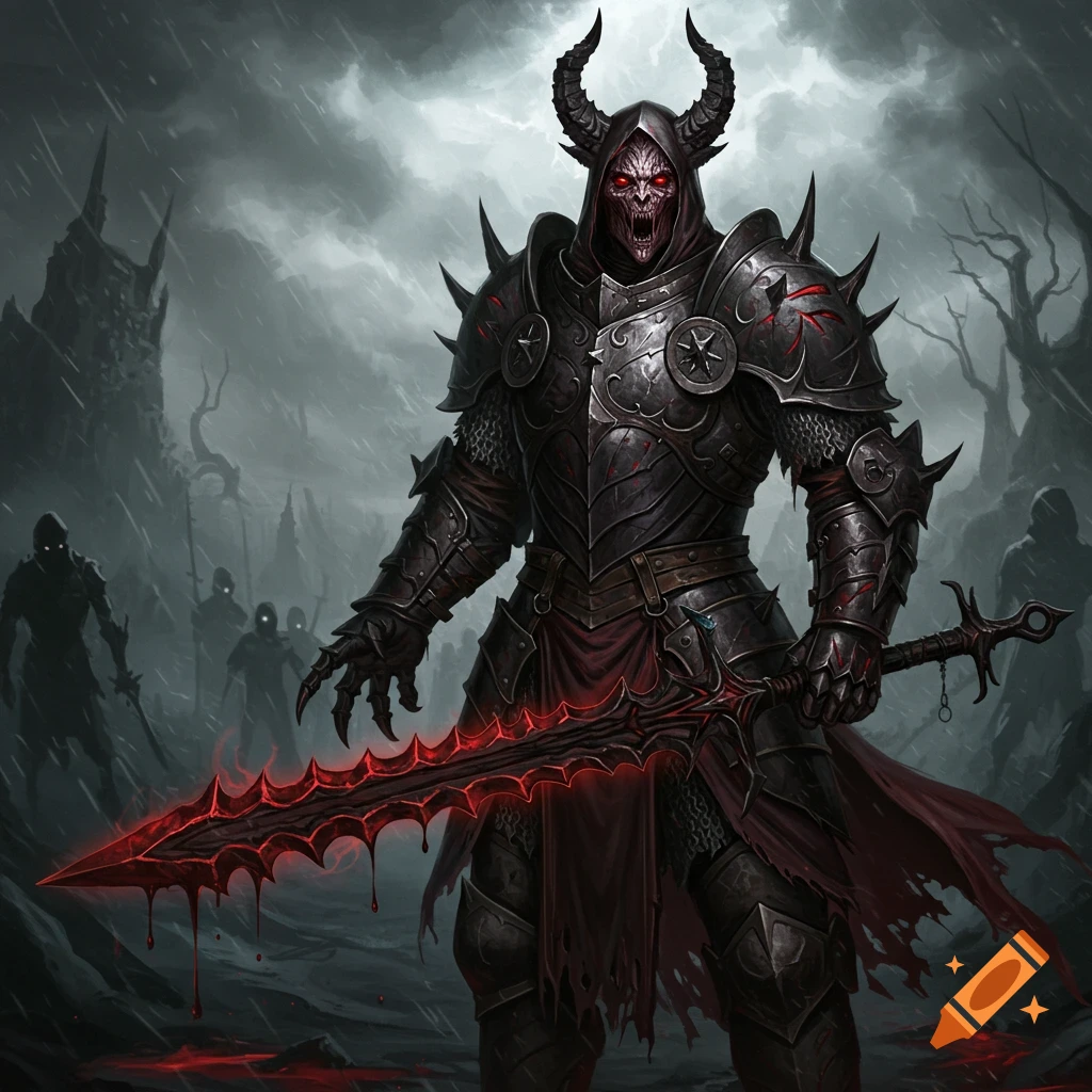 A demonic knight in black armor holding a bloody sword in a dark fantasy landscape.