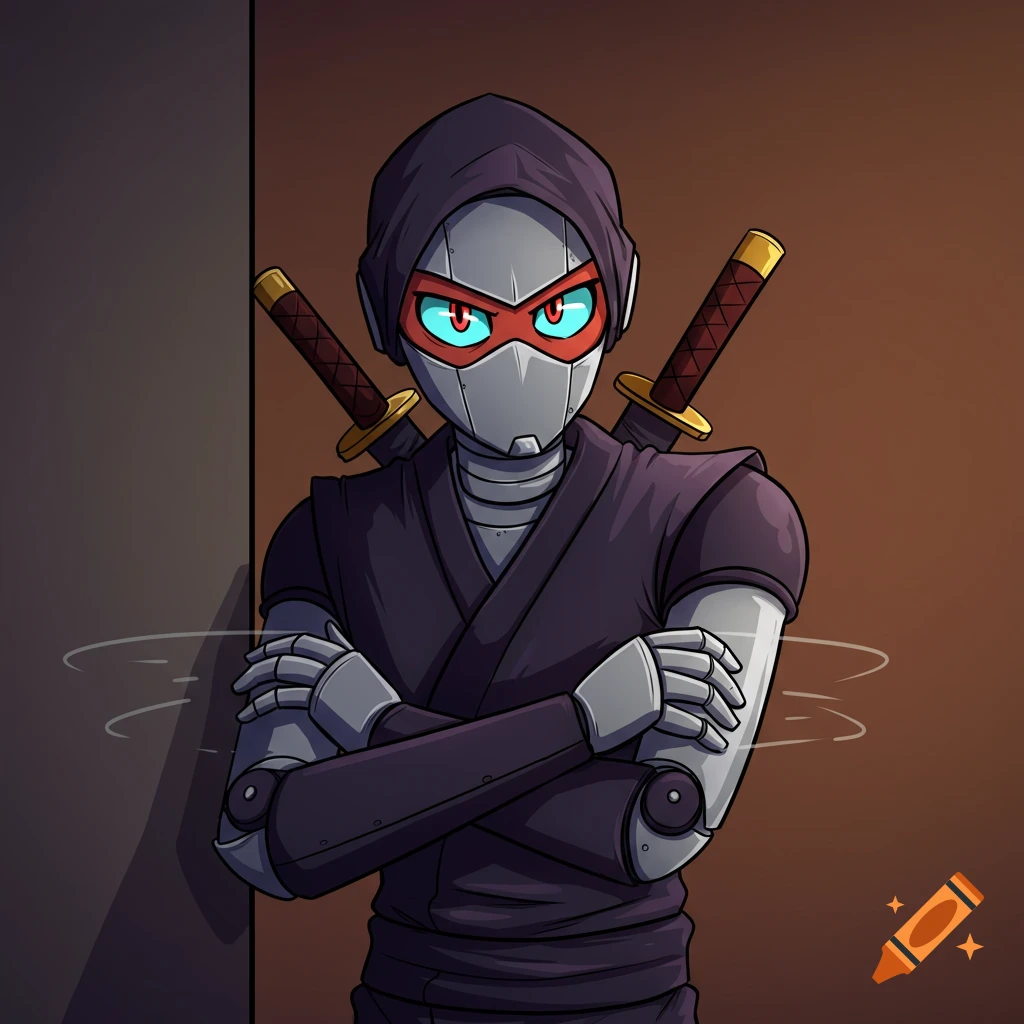 Cartoon robot ninja with arms crossed leaning against a wall.