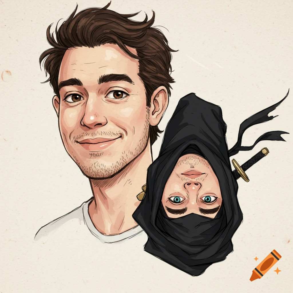 Hand-drawn portrait of a man smiling next to an upside-down hooded ninja figure with a sword.