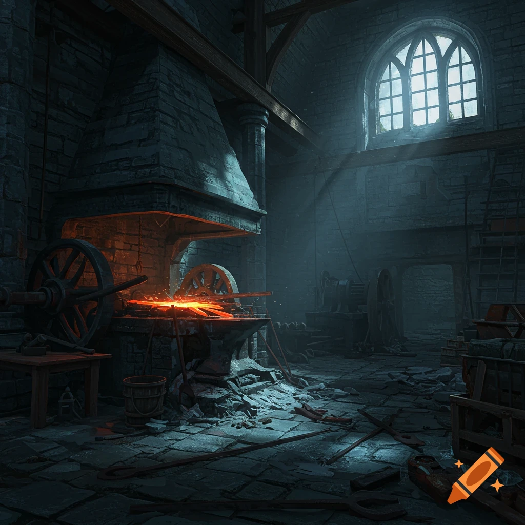 A dark, abandoned forge with glowing embers in the furnace and light streaming through a large gothic window.