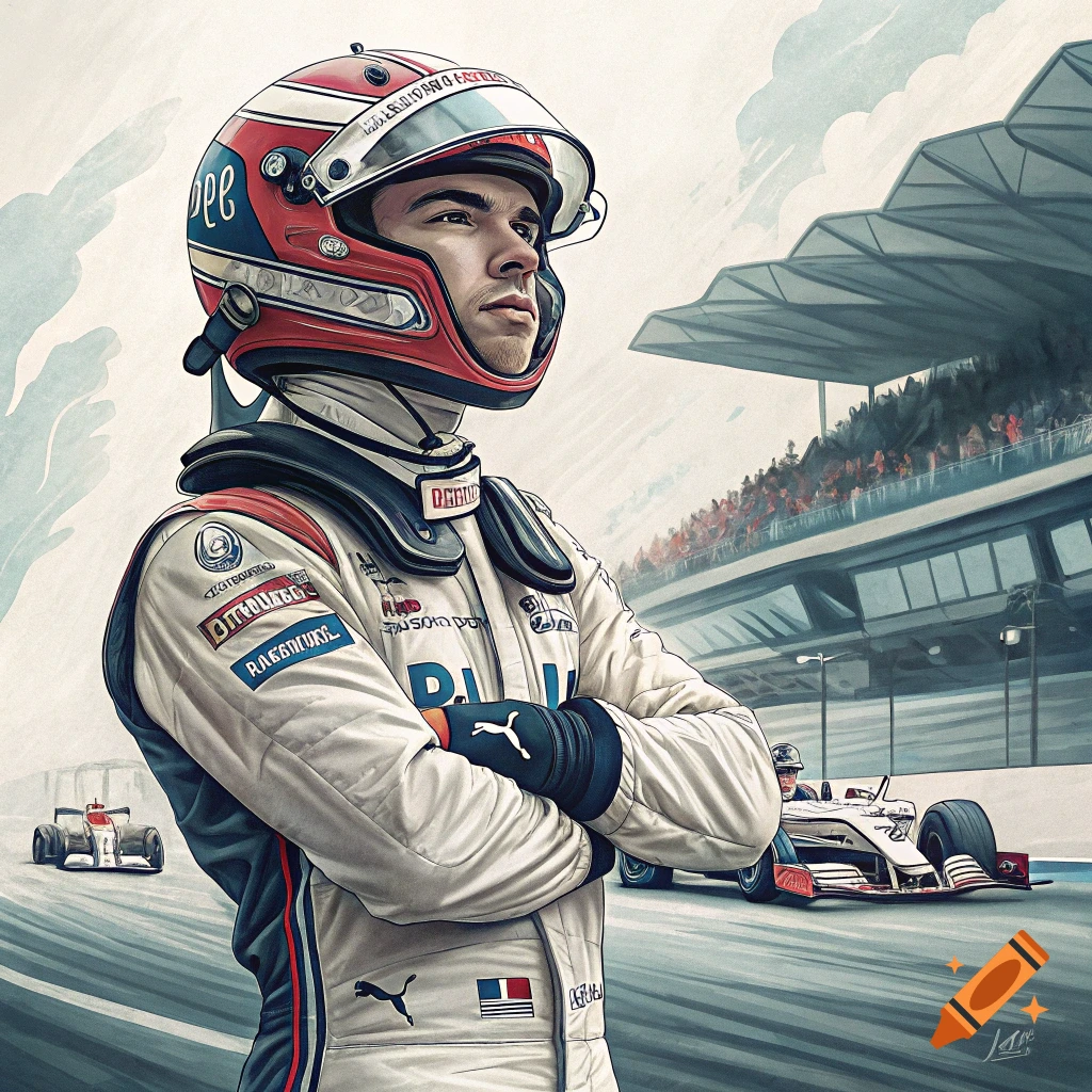Illustration of a race car driver in helmet and suit, arms crossed, standing at a race track with cars in the background.