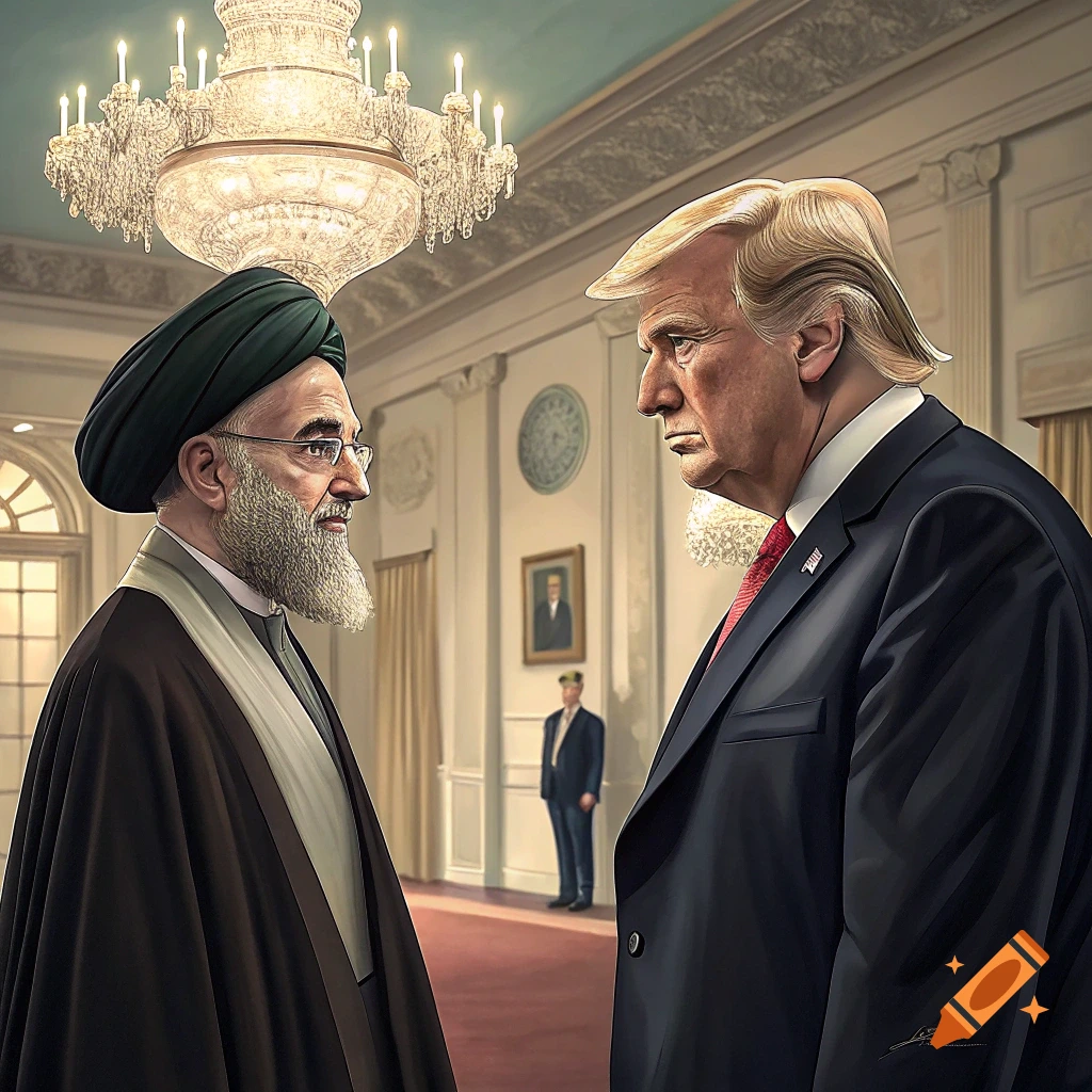 A meeting between figures resembling Ayatollah Khamenei and Donald Trump in an ornate room with a large chandelier.