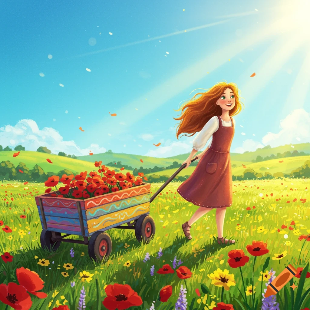 A girl with red hair pulls a wagon filled with red flowers through a sunny field.