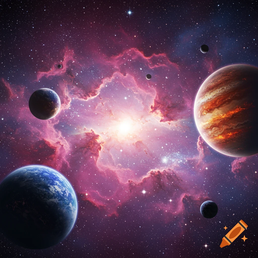 Planets and a colorful nebula in deep space.