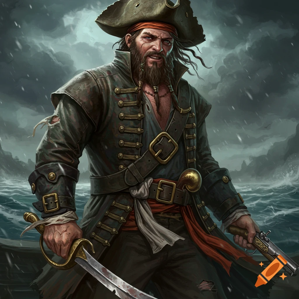 A pirate holds a sword and pistol on a stormy sea.