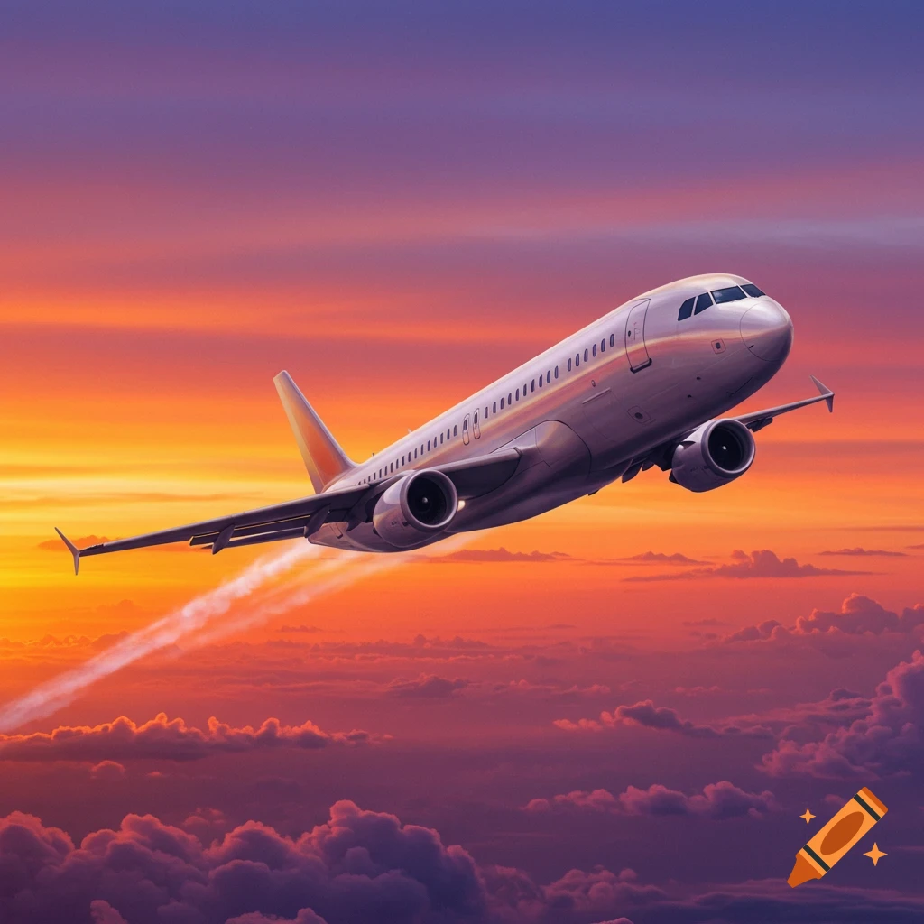 An airplane flying through clouds during a vibrant orange and purple sunset.