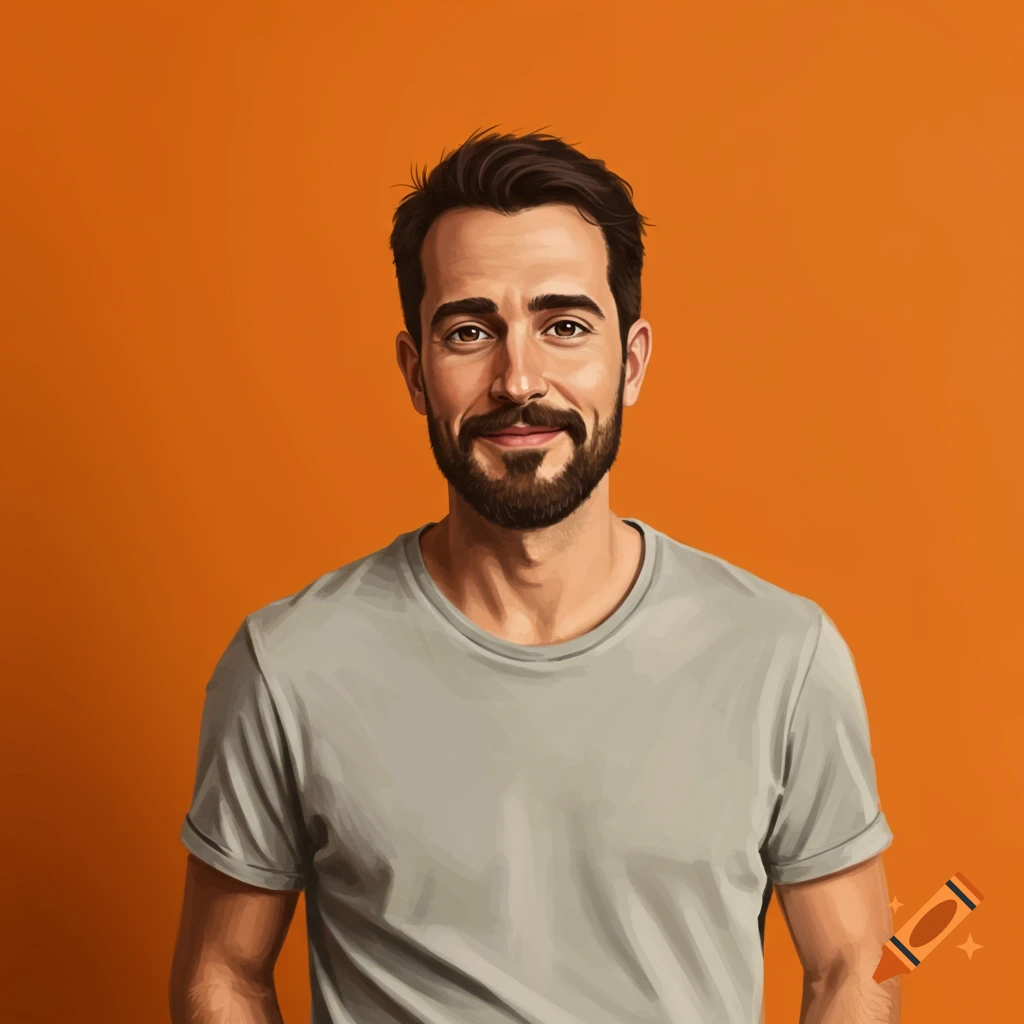 A man smiles, with a beard and grey t-shirt, against an orange background.